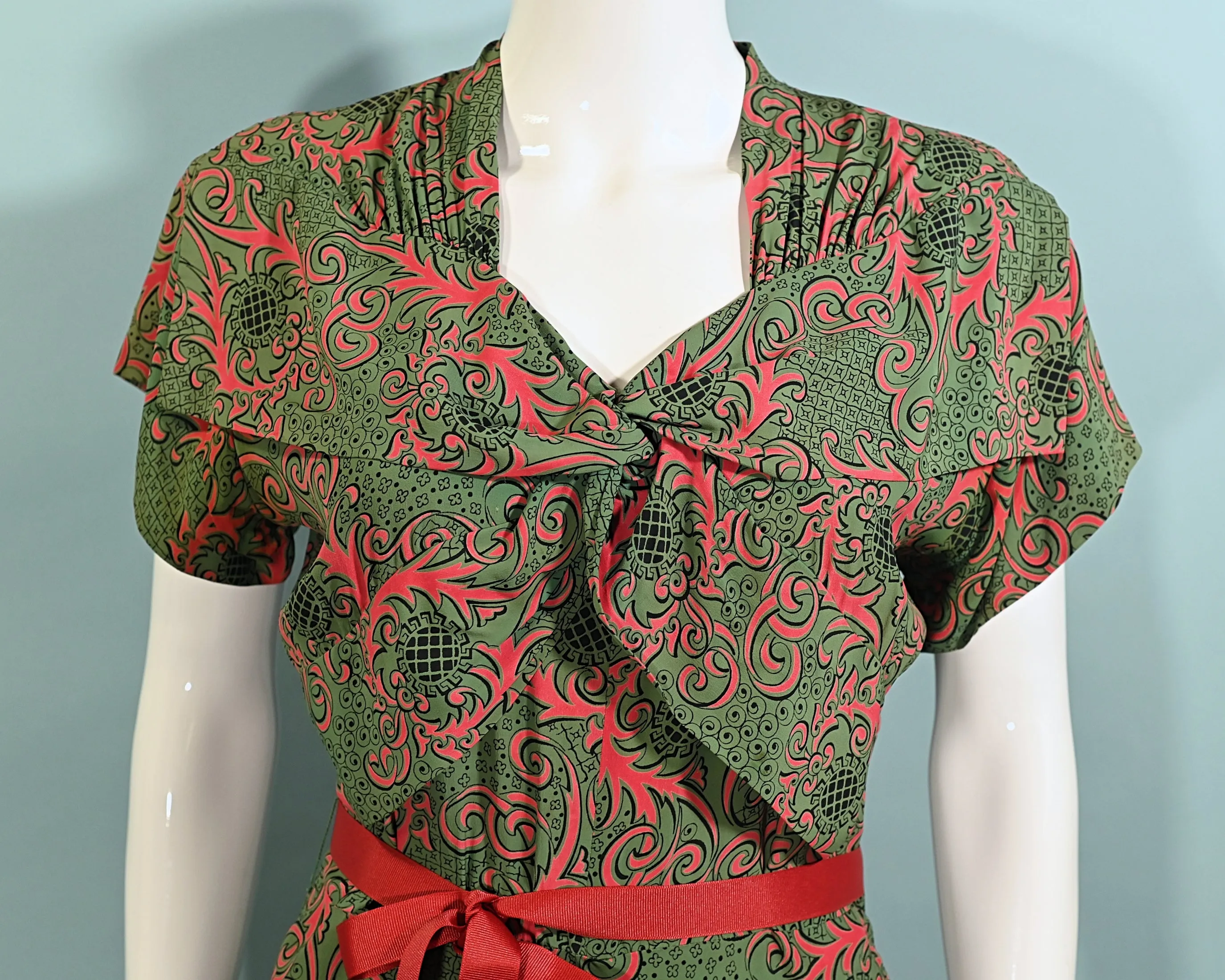 Tony Karen Vintage 40s Rayon Dress, Green/Red Novelty Print