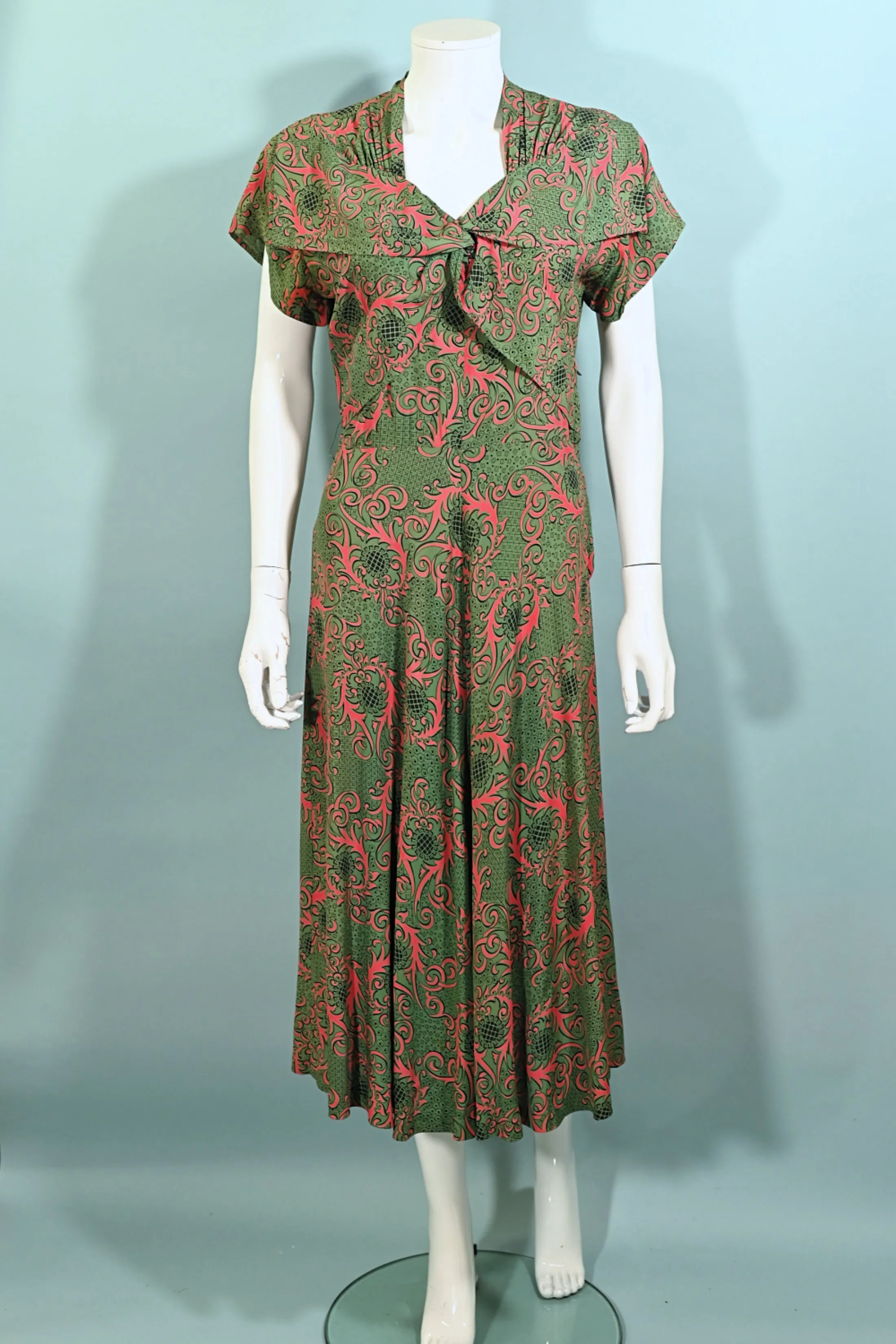 Tony Karen Vintage 40s Rayon Dress, Green/Red Novelty Print