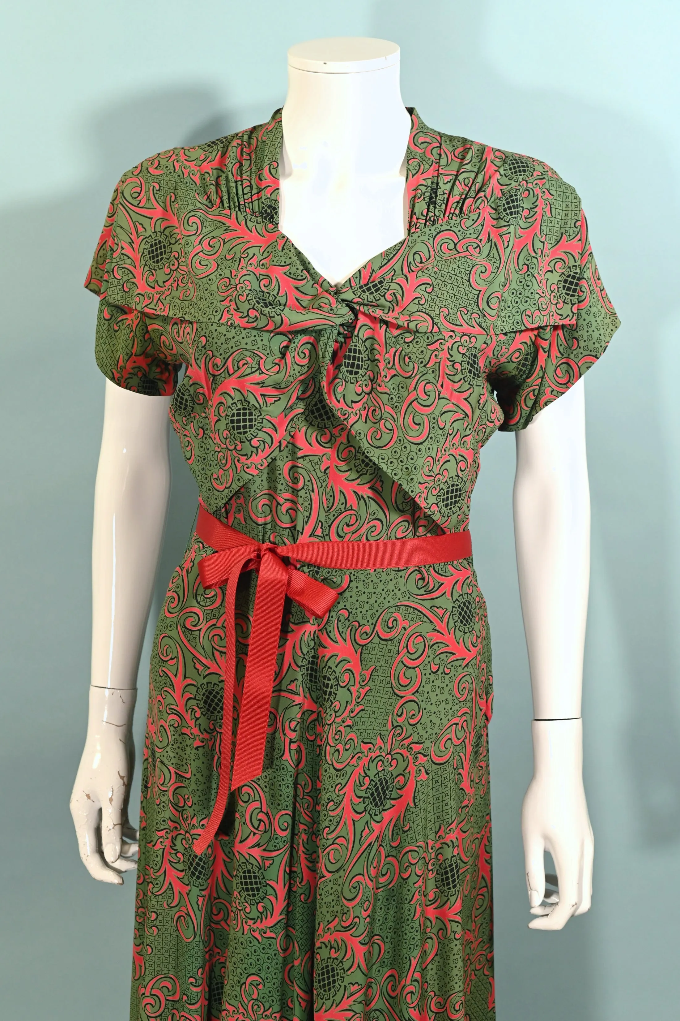 Tony Karen Vintage 40s Rayon Dress, Green/Red Novelty Print