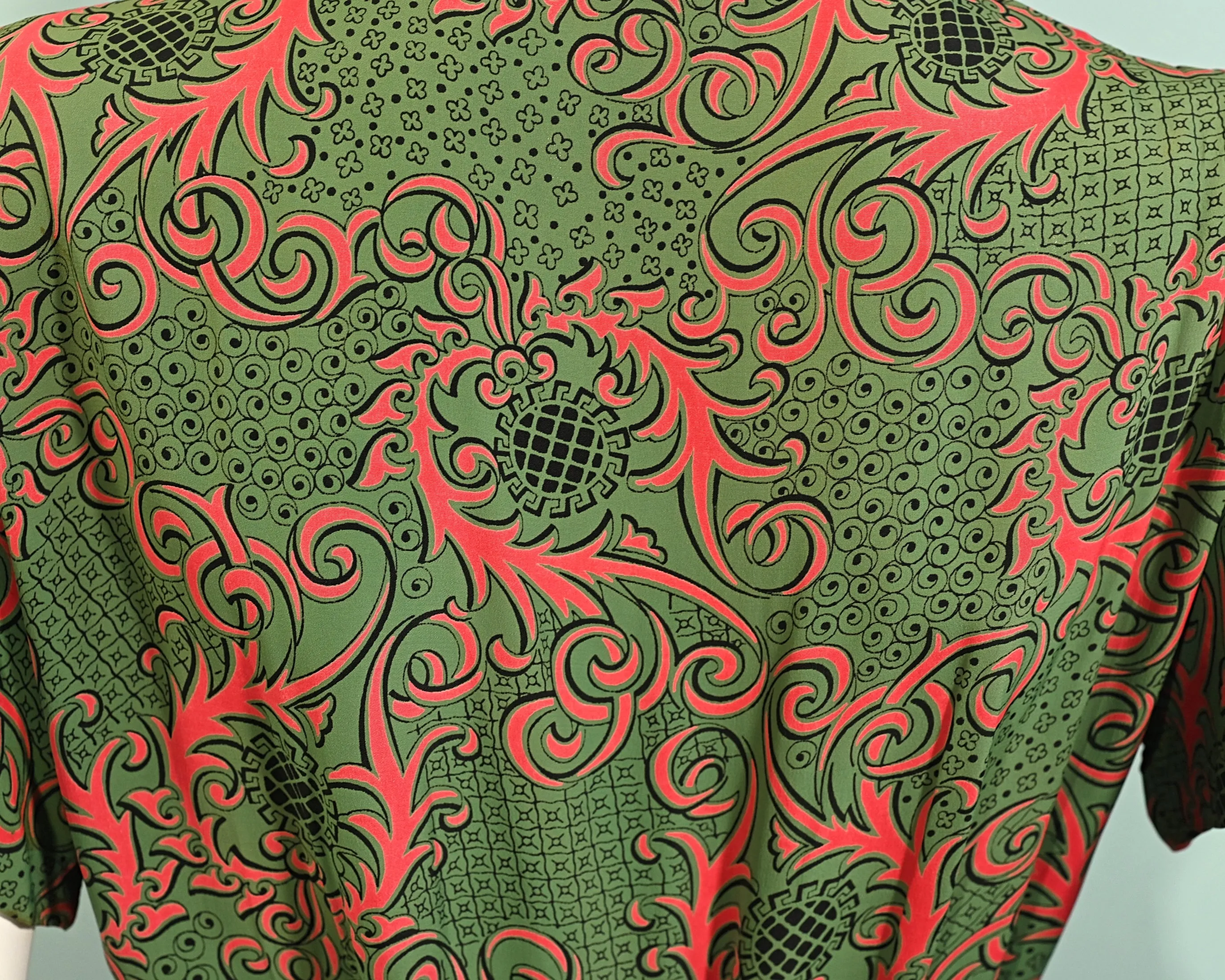 Tony Karen Vintage 40s Rayon Dress, Green/Red Novelty Print