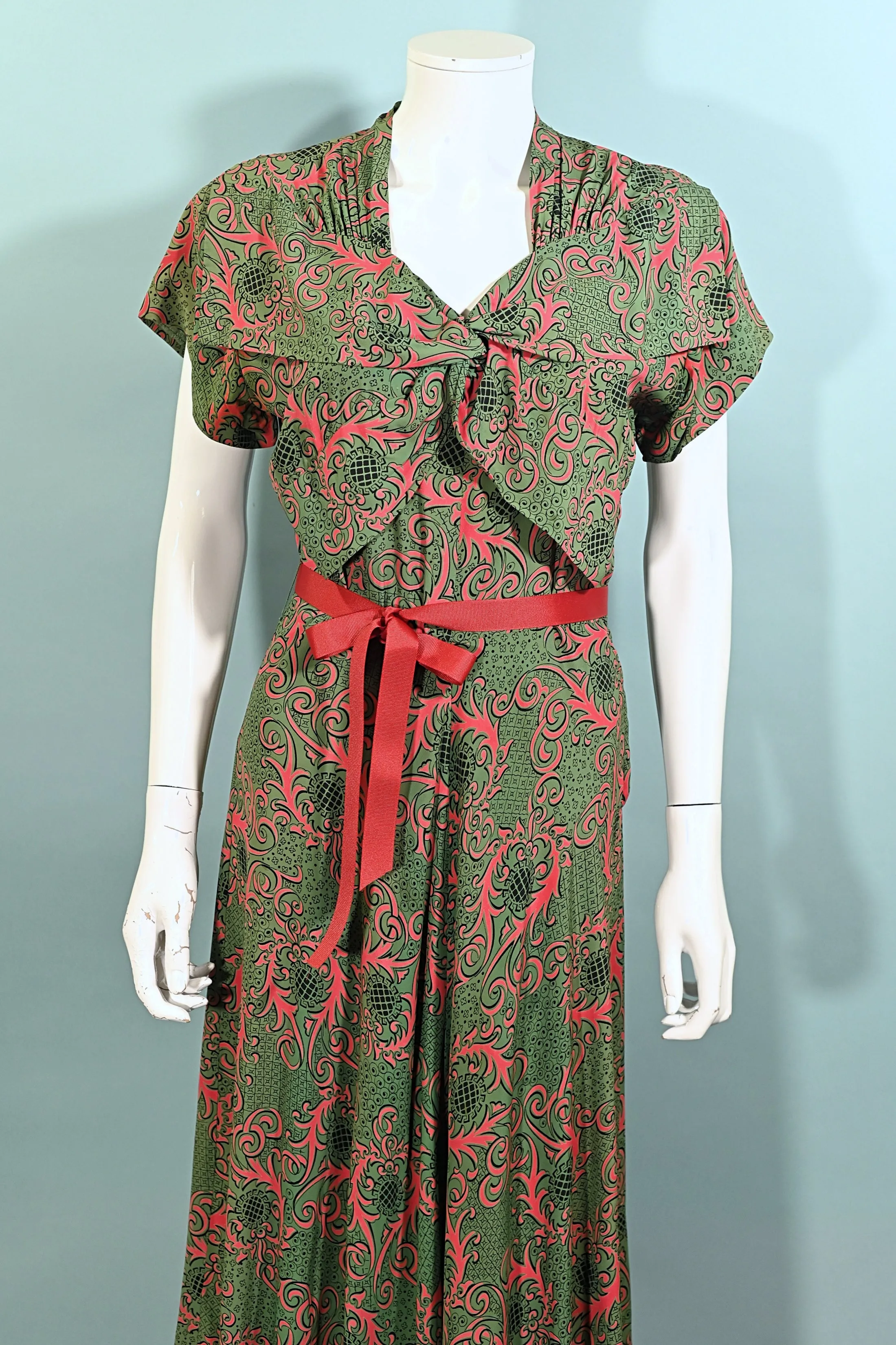 Tony Karen Vintage 40s Rayon Dress, Green/Red Novelty Print