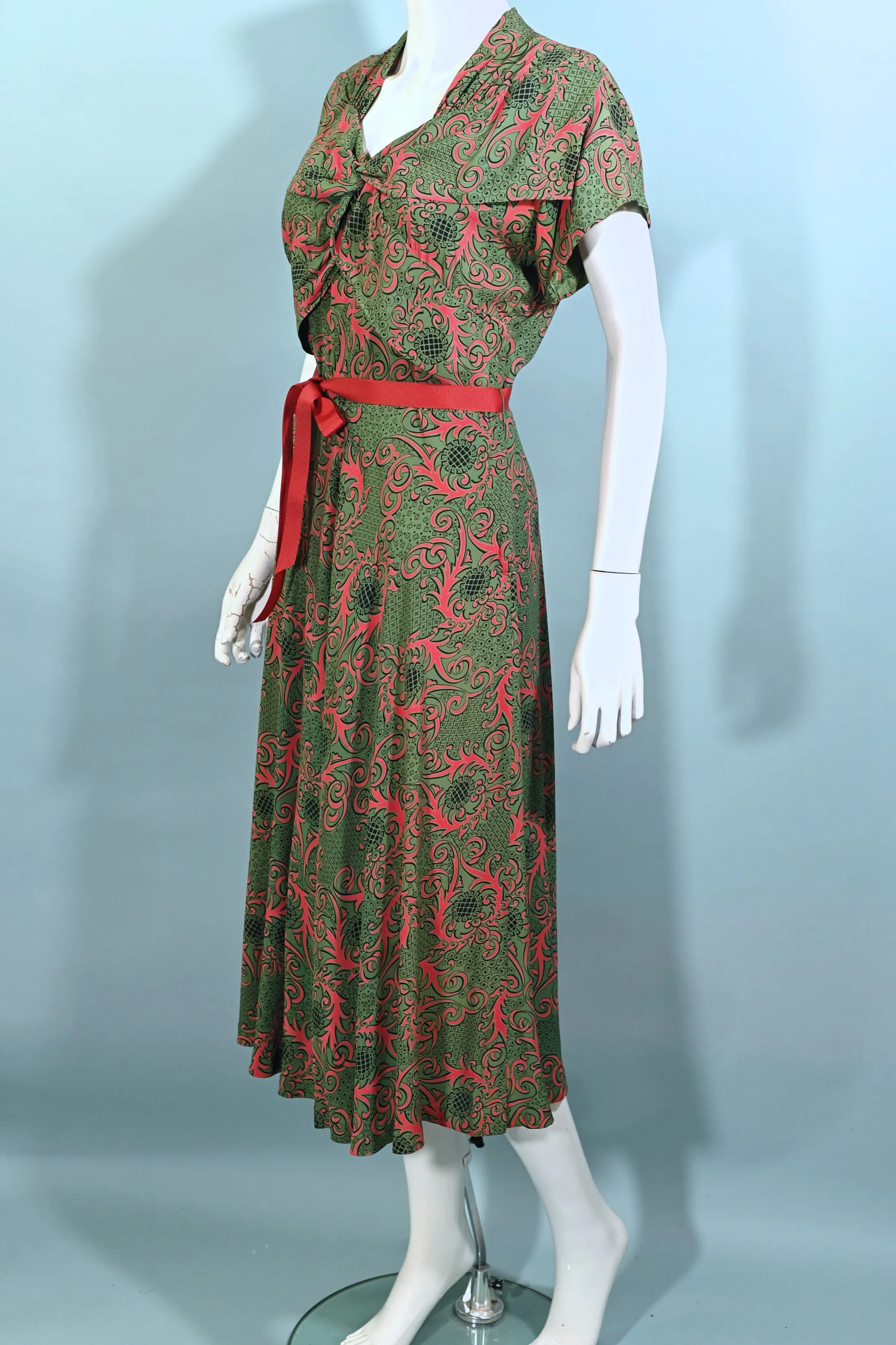 Tony Karen Vintage 40s Rayon Dress, Green/Red Novelty Print