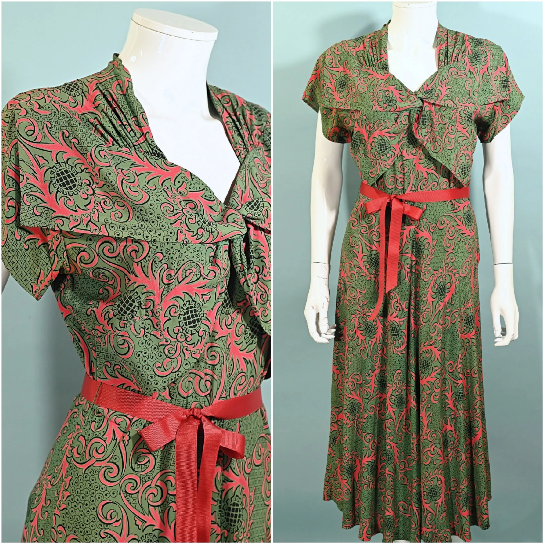 Tony Karen Vintage 40s Rayon Dress, Green/Red Novelty Print