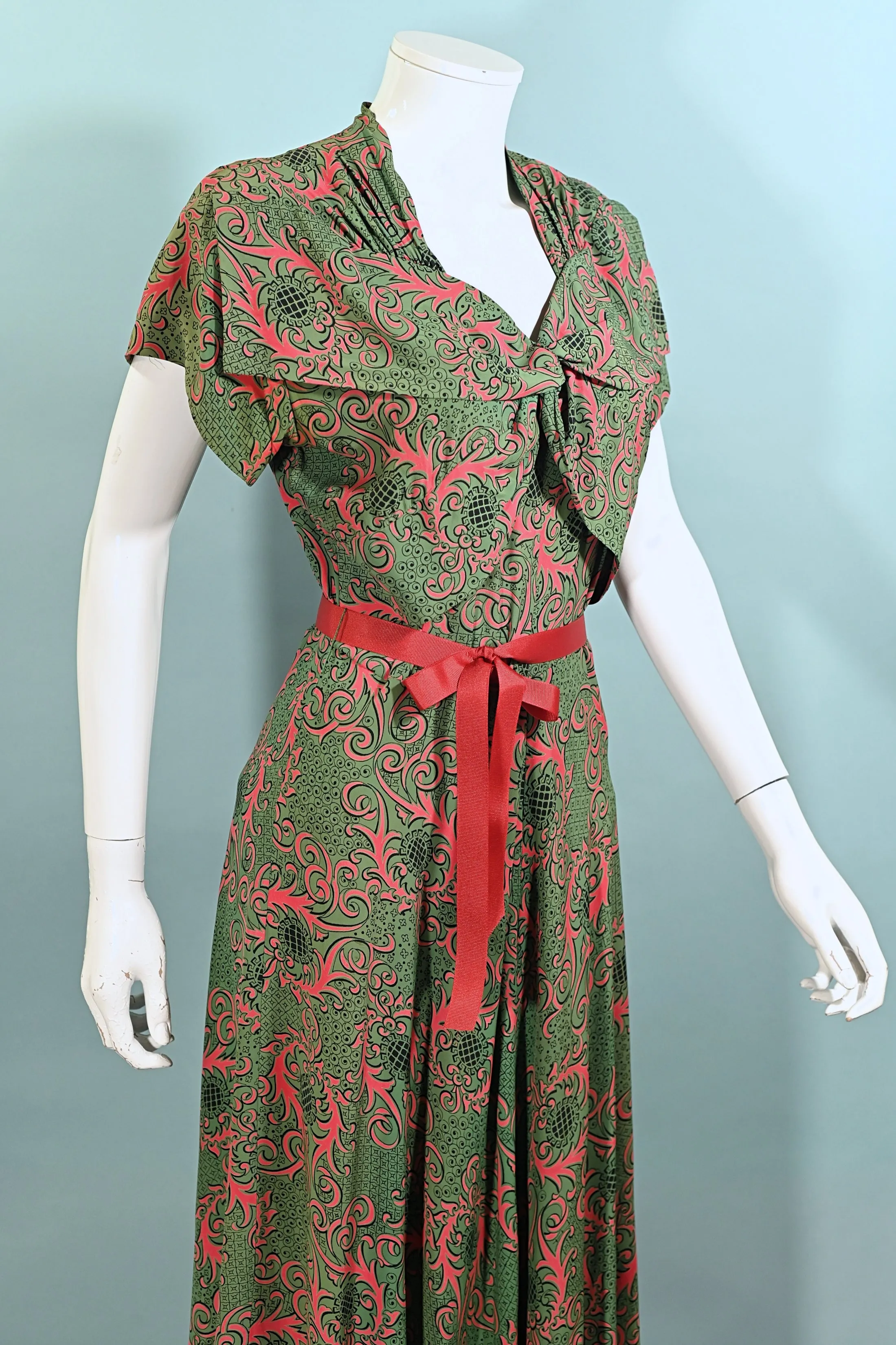 Tony Karen Vintage 40s Rayon Dress, Green/Red Novelty Print