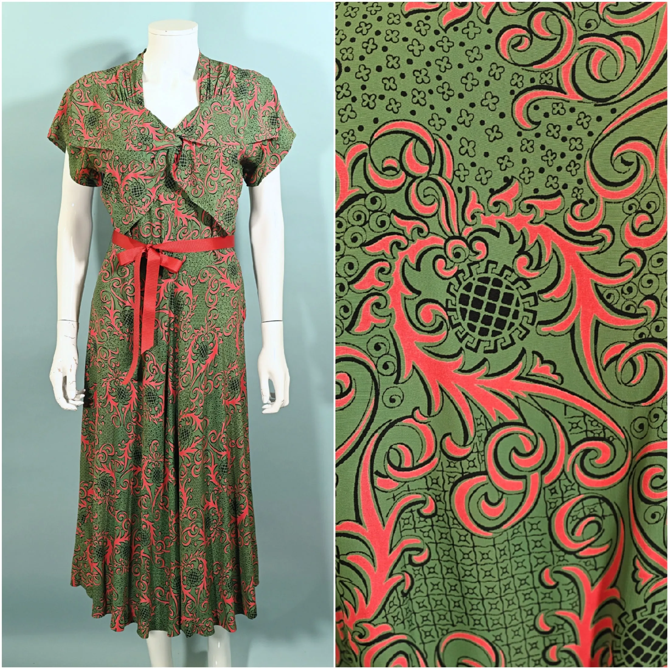 Tony Karen Vintage 40s Rayon Dress, Green/Red Novelty Print