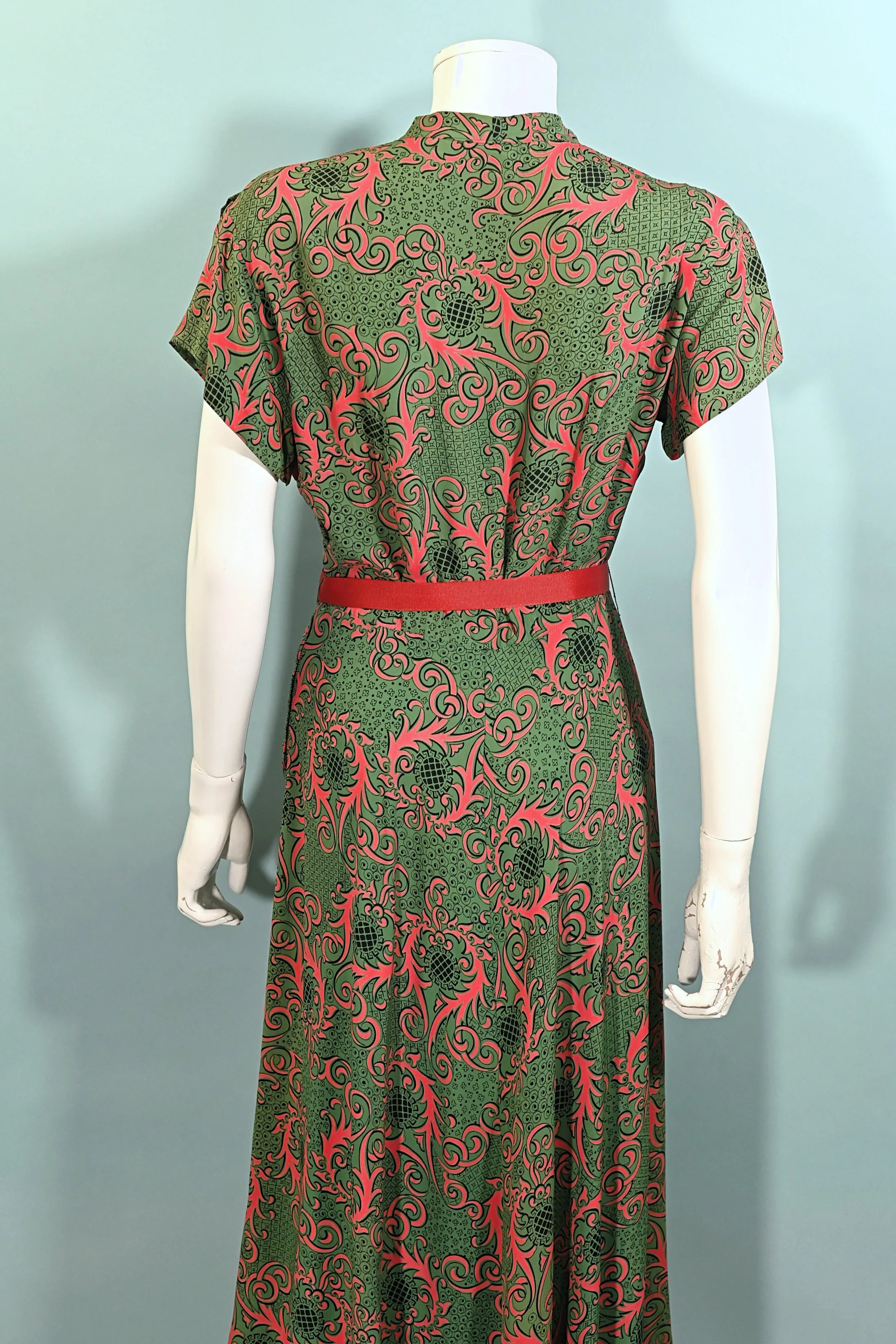 Tony Karen Vintage 40s Rayon Dress, Green/Red Novelty Print