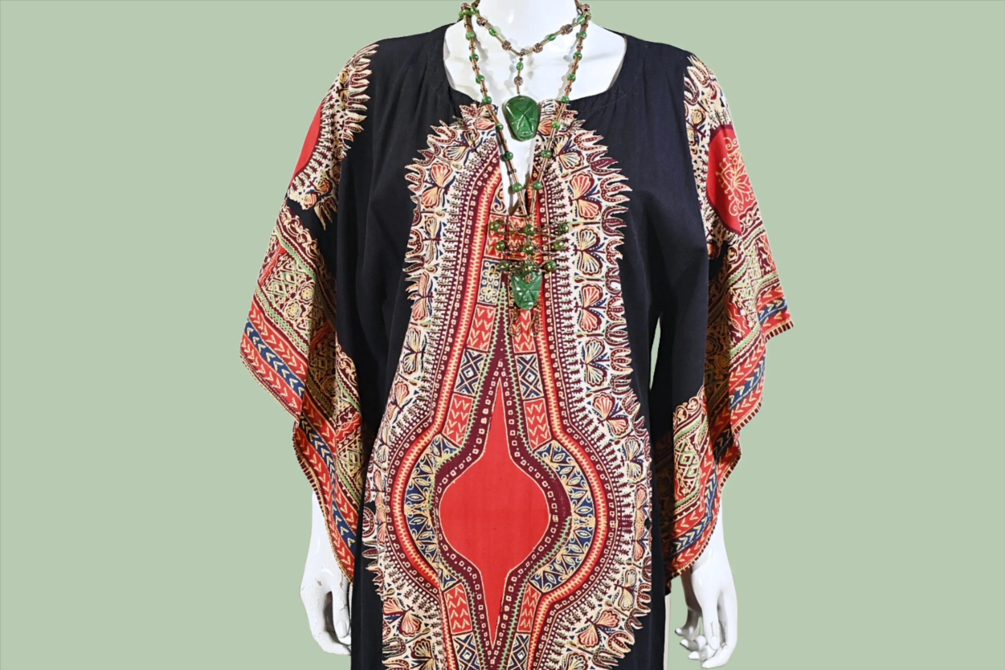 Vintage 60s Caftan Bohemian Hippie Dress Loungewear, Block Print from Pakistan S