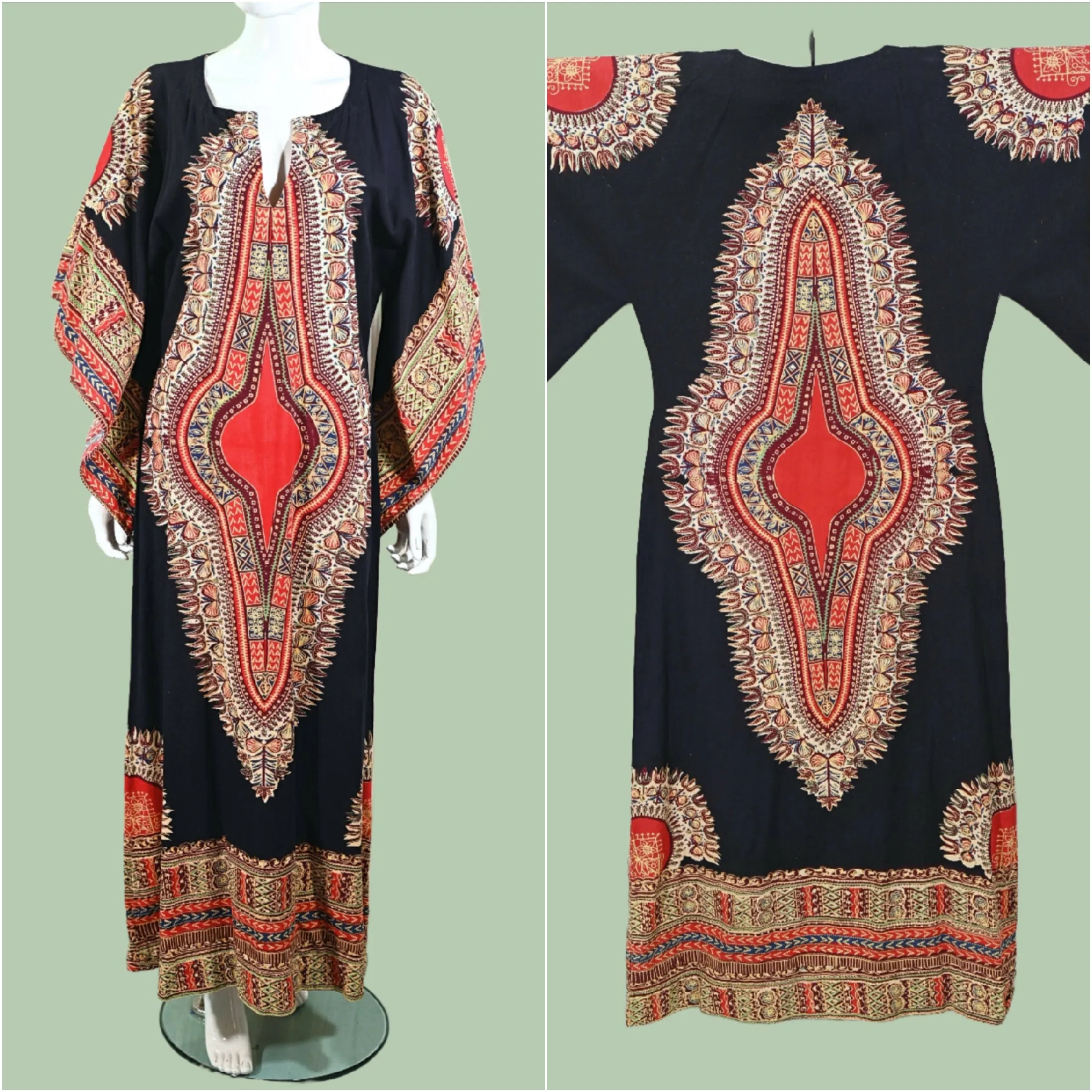 Vintage 60s Caftan Bohemian Hippie Dress Loungewear, Block Print from Pakistan S