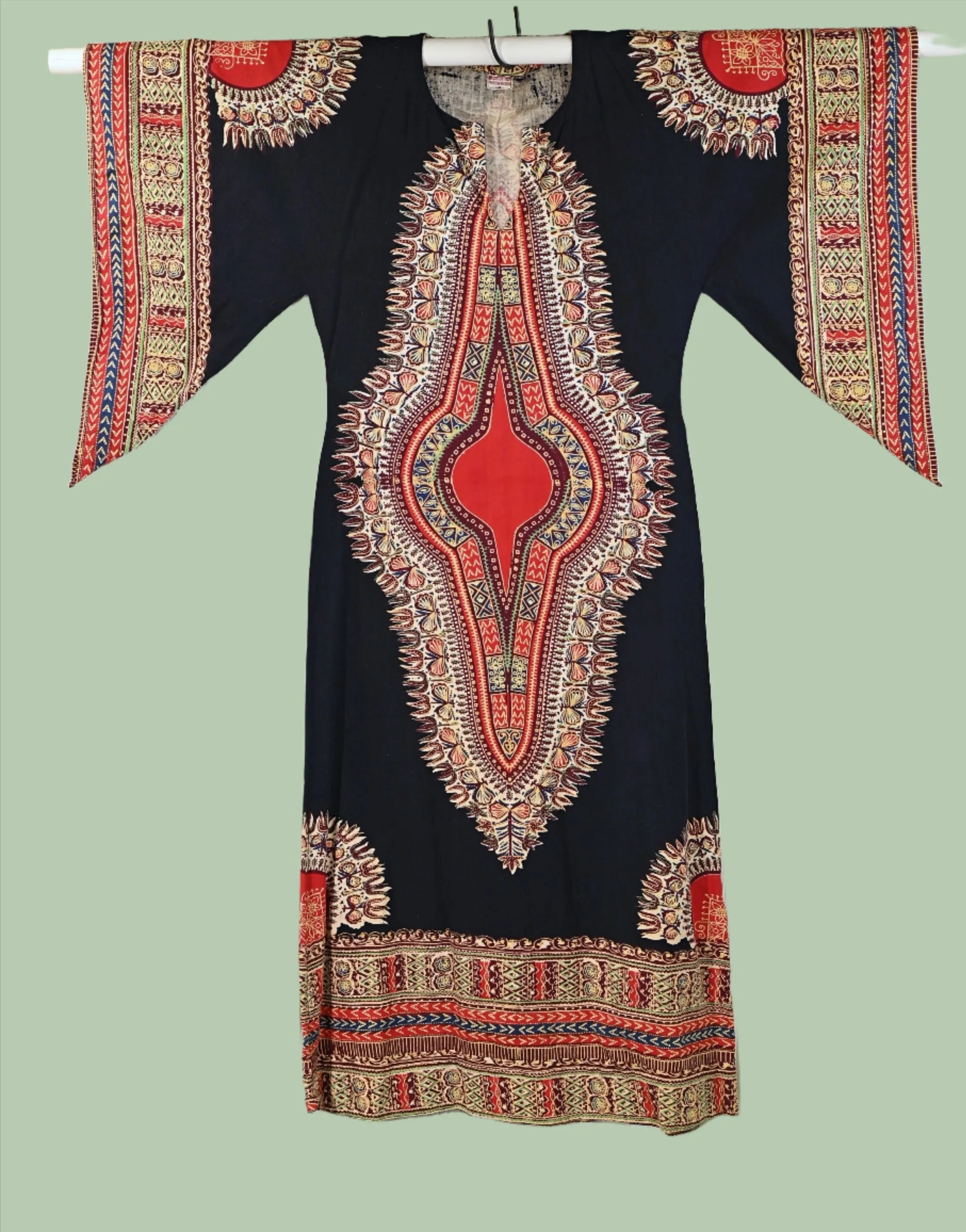 Vintage 60s Caftan Bohemian Hippie Dress Loungewear, Block Print from Pakistan S