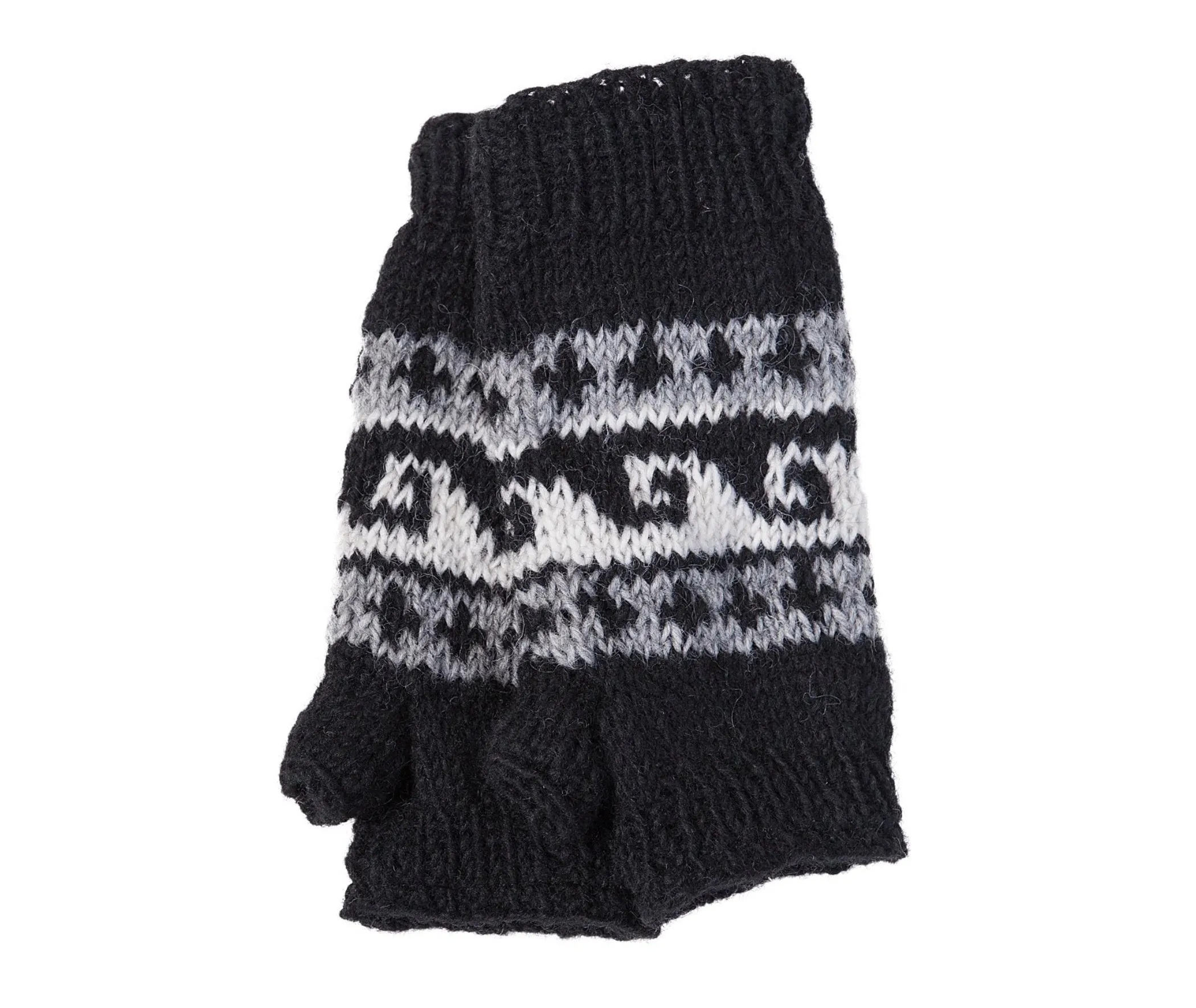 Wave Pattern Hand Warmers, Wool Texting Mittens, Fleece Lining, Black Fingerless Gloves